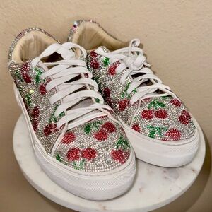 Pre loved Women BETSEY JOHNSON Sidny Rhinestone Sneakers Sparkly Cherry🍒Sz 8.5M